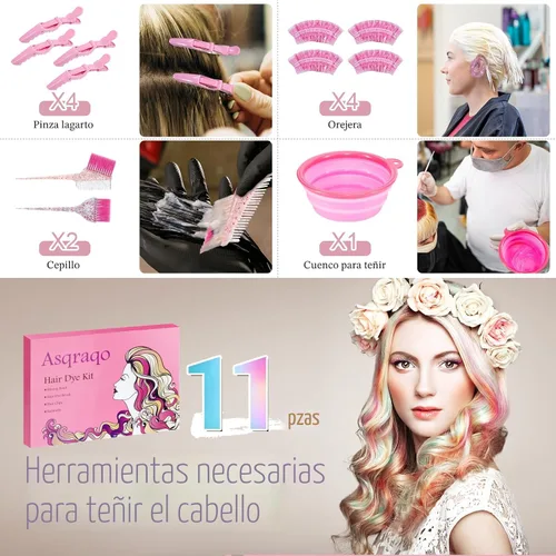 Vista 4 de Asqraqo Kit de 11 piezas para colorear el cabello, herramientas profesionales de salón para mezclar bricolaje, incluye clips, cuenco, cepillo
