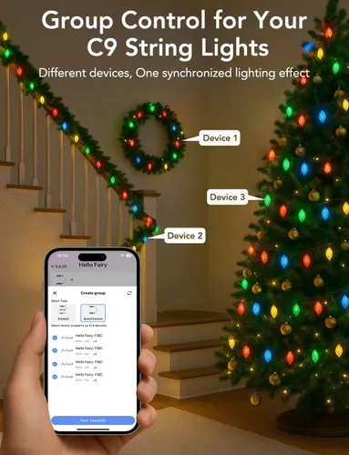 Vista 8 de Popotan C-9 Luces LED de Navidad para Exteriores, 33 Pies 50 LEDs Luces de Cadena RGB Inteligentes con Control Remoto de Aplicación, 108 Modos