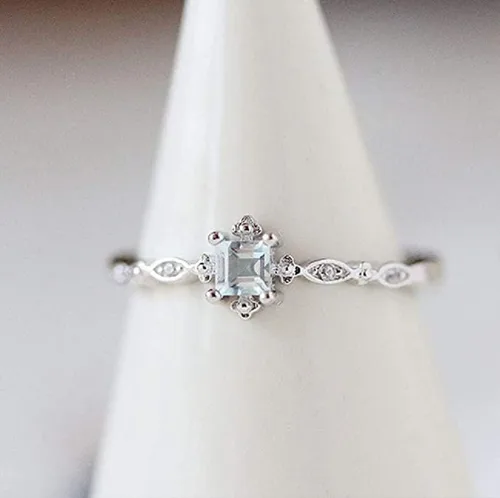 Vista 5 de Greendou Joyería de moda de plata de ley 925, anillo de cristal azul delicado para mujer, anillo cuadrado de compromiso, joyería de moda para mujer