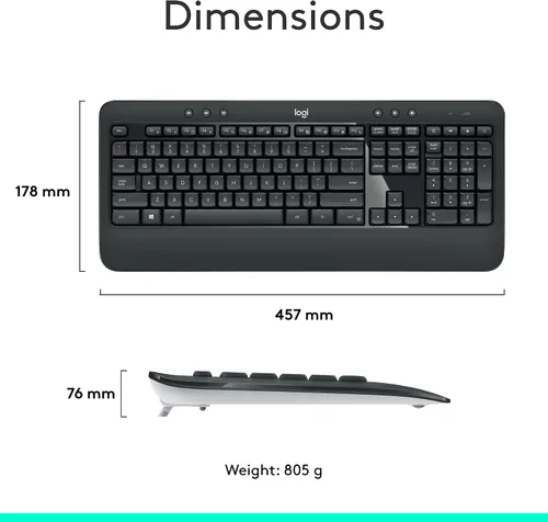Vista 8 de Logitech MK540 Combo avanzado de teclado y mouse inalámbricos para Windows, receptor USB unificador de 2.4 GHz, teclas de acceso rápido multimedia
