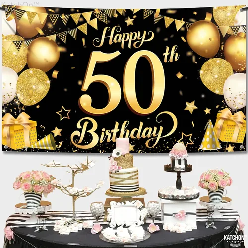 Vista 2 de KatchOn, Fondo de feliz cumpleaños 50, grande, 72 x 44 pulgadas, decoraciones de cumpleaños 50 negro y dorado Cartel de feliz cumpleaños 50