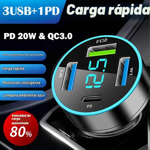 Vista 2 de Cargador de coche USB C de 4 puertos, adaptador de cargador USB con voltímetro PD 3.0 y QC 3.0 de carga rápida para iPhone 17/16/15, Samsung Galaxy