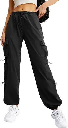 Vista 2 de Lepunuo Pantalones de paracaídas para mujer, pantalones cargo holgados con cordón elástico en la cintura Y2K, pantalones deportivos con bolsillos