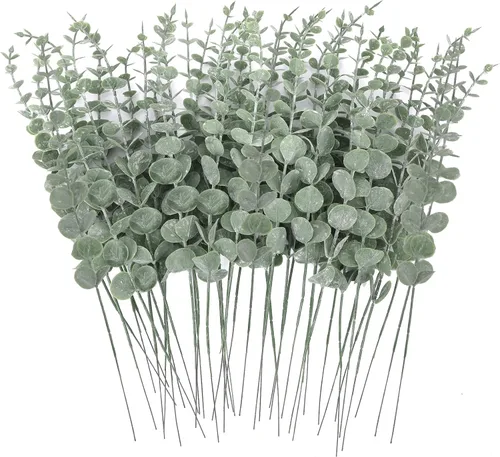 Vista 9 de CEWOR 8 piezas de tallos de eucalipto decorativas 35.8 cm hojas artificiales de eucalipto falsas ramas de vegetación verde para centro de mesa