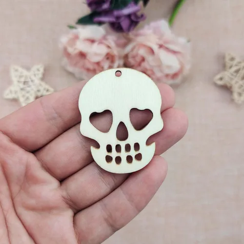 Vista 4 de 30 piezas de mini calaveras de madera para manualidades, recortes de 2 pulgadas, en forma de calavera de madera en blanco con cordeles de yute