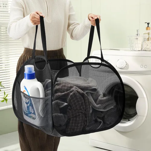 Vista 5 de TECHMILLY Cesta plegable de malla con asas fuertes, cesta de ropa de gran apertura con bolsillos laterales, cestas de almacenamiento para Blanco