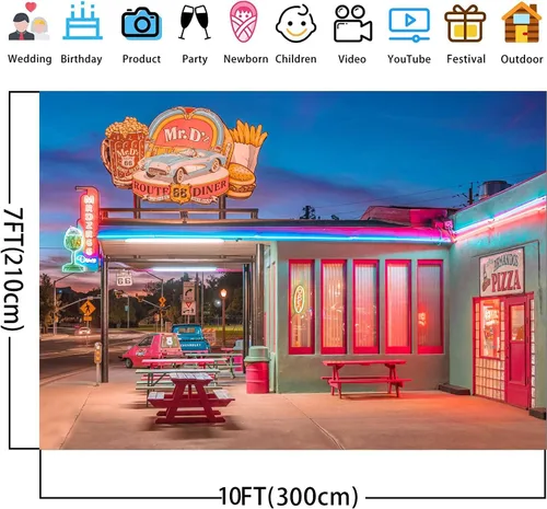 Vista 2 de Telón de fondo retro para restaurante de 10 x 7 pies, ruta 66, tienda de conveniencia, luces de neón de calle, fondo nostálgico, de los años 50