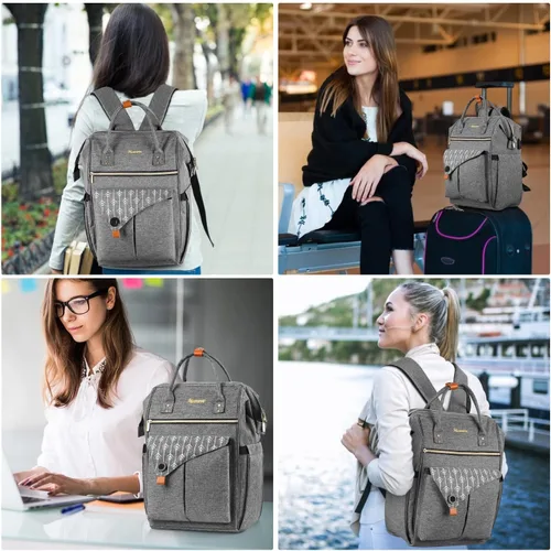 Vista 6 de MOMUVO Mochila para computadora portátil para mujer, bolsa para laptop de 15.6 pulgadas, mochila de trabajo con puerto de carga USB, mochila