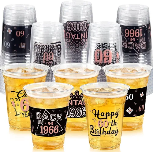 Vista 8 de 50 Piezas Vasos de Plástico para Fiesta de Cumpleaños 40 a Granel, 16 Oz Vasos de Beber Desechables de Plástico Transparente Negro Dorado