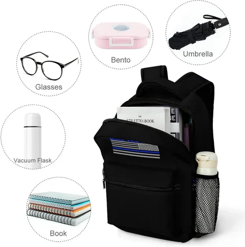 Vista 4 de Volver The Blue Police Line Mochila para portátil con bandera de EE. UU., bolso de hombro de moda, mochila de viaje para hombres y mujeres