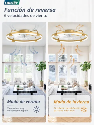 Vista 5 de LEDIARY Ventiladores de techo de 24" con luces y control remoto, luz LED de Dorado