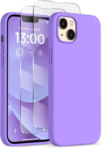 Vista 34 de Funda delgada para iPhone 13 de 6.1 pulgadas, silicona líquida a prueba de golpes, con forro de microfibra suave antiarañazos, 2 protectores