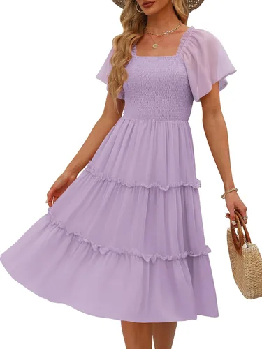 Vista 17 de LILLUSORY Vestido midi fruncido con cuello cuadrado y mangas con vuelo Negro