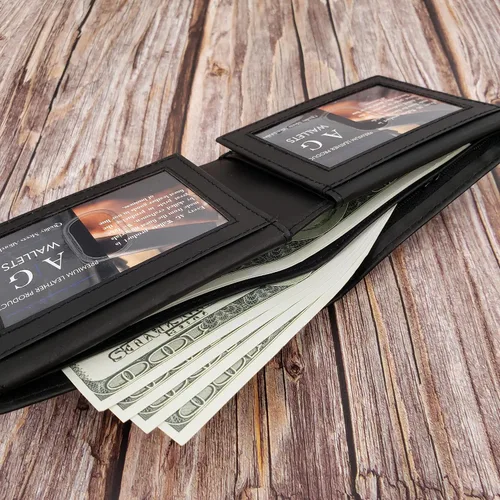 Vista 5 de AG Wallets Tarjetero de cuero para hombre con ventanas de identificación dobles abatibles, Negro -, Cartera plegable