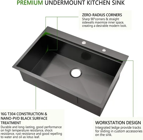 Vista 6 de Fregadero de cocina de 33 x 22 pulgadas, fregadero de cocina negro de 33 pulgadas, fregadero de estación de trabajo de acero inoxidable 304 negro