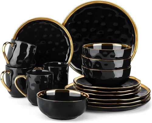 Vista 13 de LOVECASA Juego de 12 piezas de platos y cuencos, vajilla de porcelana negra y dorada, platos de cena redondos, juego de vajilla para 4 personas