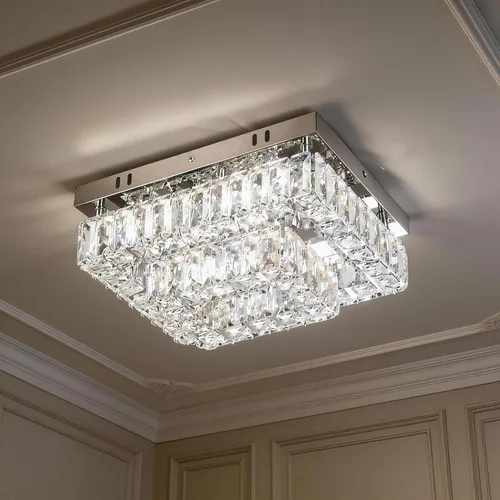 Vista 9 de Finktonglan Lámpara de Techo LED de Cristal Empotrada Moderna, Candelabro Rectangular de Cristal K9 y Acero Inoxidable, 20W Regulable con Control
