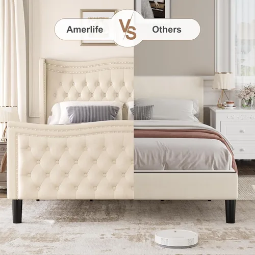 Vista 8 de Marco de Cama Full con Cabecera y Pie de Cama Altos, Marco de Cama Plataforma Tapizada en Terciopelo con Acolchado de Botones Profundos Tipo Beige
