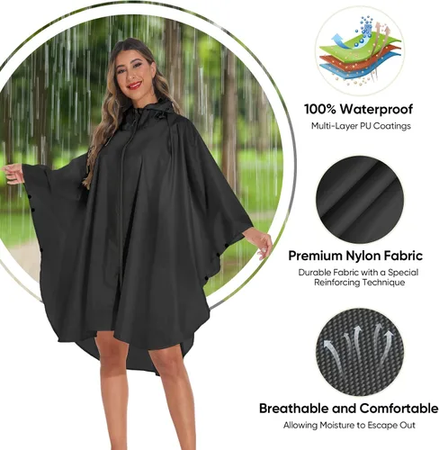 Vista 4 de PTEROMY Hooded Rain Poncho for Adult with Pocket and Zipper, Waterproof Lightweight Raincoat for-Men and Women