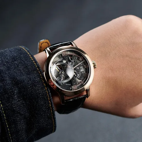 Vista 3 de OBLVLO Relojes de lujo de oro rosa para hombre esfera de esqueleto relojes automáticos correa de cuero VM-1