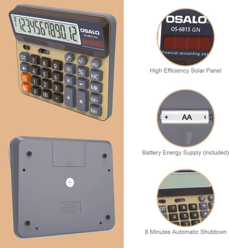 Vista 9 de Calculadora de escritorio y bolsa impermeable con cremallera de malla, batería de 12 dígitos, pantalla LCD con energía solar, calculadora de botón