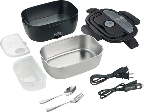 Vista 4 de Salton Fiambrera eléctrica 3 en 1, calentador de alimentos portátil para automóvil y hogar, lonchera térmica de 1.5 litros con tenedor y cuchara