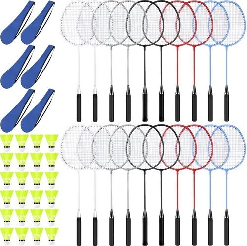 Vista 10 de Juego de 20 raquetas de bádminton con 24 volantes y 6 bolsas de transporte, raquetas de bádminton resistentes y ligeras para adultos principiantes