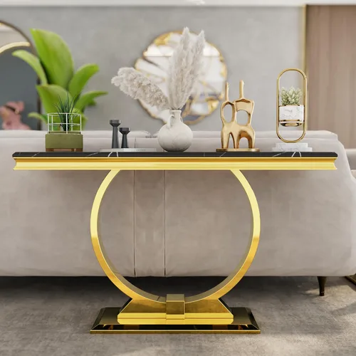 Vista 5 de Mesa consola Asday dorada, mesa de entrada de 50 pulgadas en negro glamuroso y dorado con base en forma de U, mesa de entrada dorada pulida