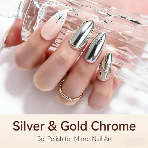 Vista 2 de Makartt Juego de Esmalte de Uñas en Gel Cromado: Esmalte de Uñas en Gel Metálico, Pintura Metálica 3D en Plata y Oro para Arte en Uñas, Secado