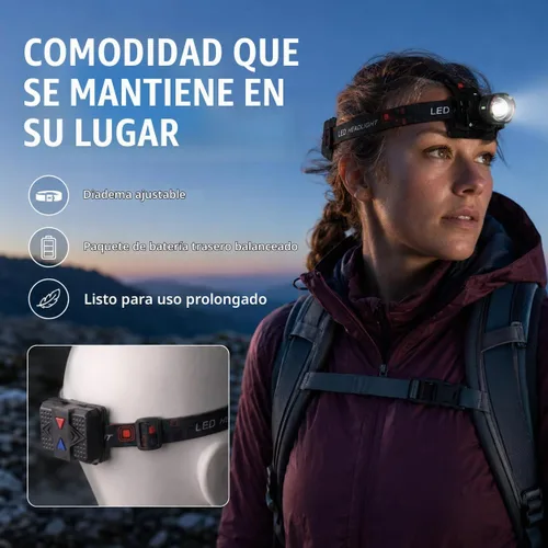 Vista 6 de Linterna frontal LED recargable, 150,000 lúmenes, superbrillante, 60H, con sensor de movimiento, 4 modos, ajustable a 90°, impermeable nivel IPX6