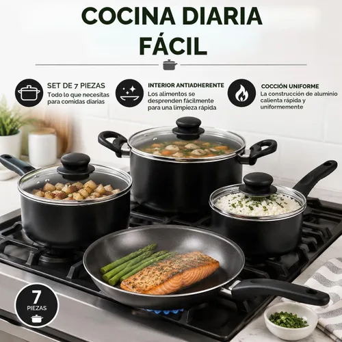 Vista 3 de Juego de utensilios de cocina de aluminio antiadherente de 7 piezas, ollas y sartenes con tapas