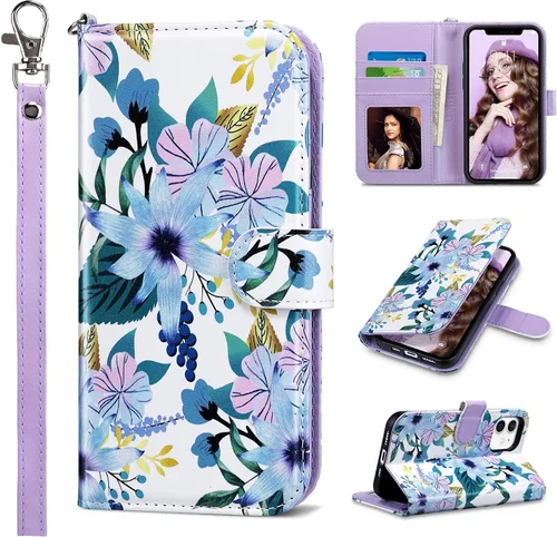 Vista 11 de ULAK Compatible con iPhone 12 Pro Max Funda Cartera con Portarjetas, Funda de Cuero PU con Soporte Plegable Ranuras para Tarjetas Correa de Muñeca