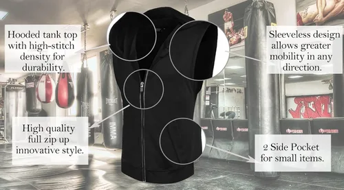 Vista 5 de COOFANDY Camiseta sin mangas con cremallera para hombre, con capucha, culturismo, fitness, corte muscular, sin mangas, para gimnasio