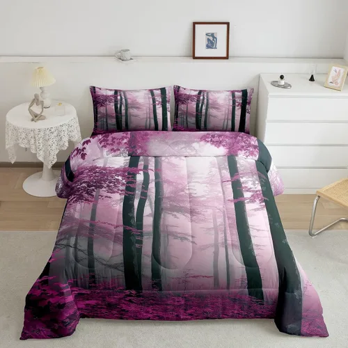 Vista 14 de Erosebridal Juego de ropa de cama con inserto de edredón de árbol brumoso para temporada de otoño, juego de edredón místico con niebla y naturaleza