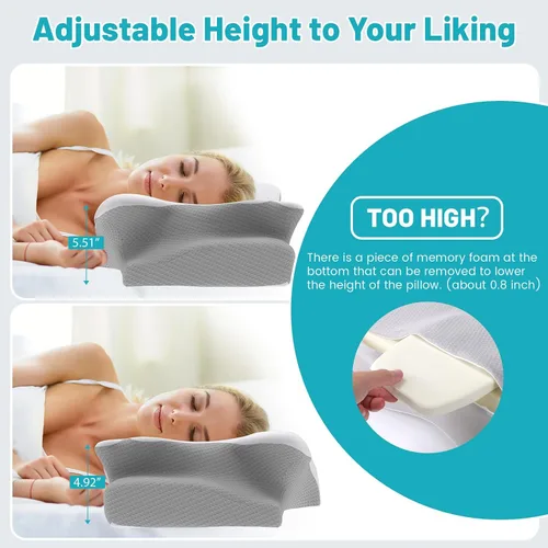 Vista 5 de CloudBliss Almohada cervical, almohada de espuma viscoelástica, altura ajustable, almohadas de apoyo para el cuello para dormir, almohada cervical