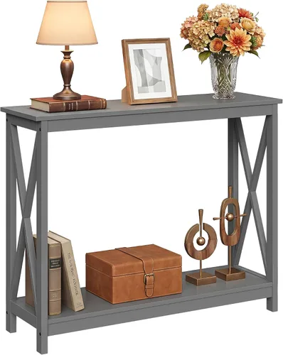Vista 10 de ZenStyle Mesa auxiliar de sofá con 2 estantes de almacenamiento, mesa decorativa estrecha para entrada, pasillo, sala de estar, 39.3 pulgadas