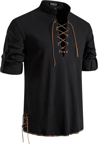Vista 38 de JEMITOP Men's Pure Cotton Renaissance Lace Up Shirt Verde militar