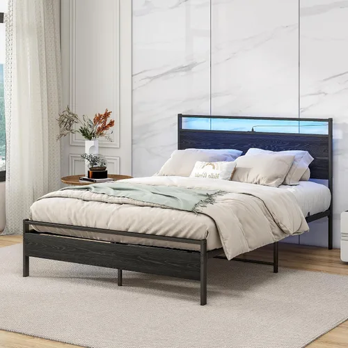 Vista 3 de Base de cama de tamaño matrimonial con cabecero de madera/luces LED, plataforma de metal, tamaño matrimonial con estación de carga, soporte