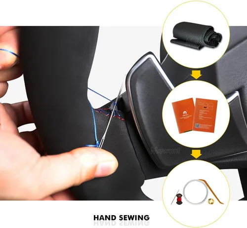 Vista 4 de MEWANT Funda de volante de automóvil brillante de fibra de carbono y gamuza cosida a mano para Ford F-150 2021-2023 / F-150 Lightning 2022-2023