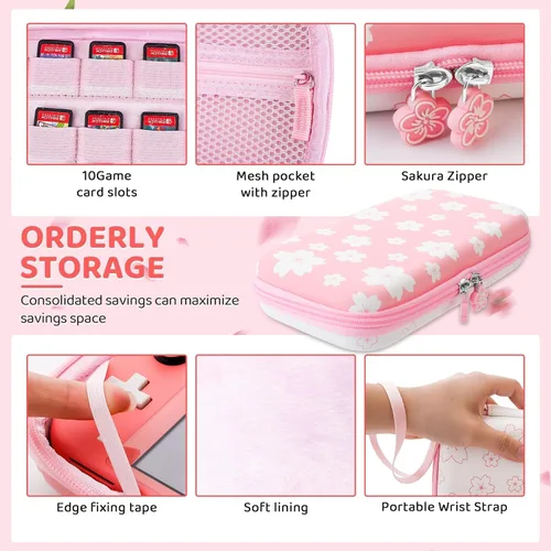 Vista 3 de RHOTALL Pink-White Cherry Blossom Carrying Case for Nintendo Switch Lite, Potable Storage Case for Switch Accessories with Protective Case, Screen