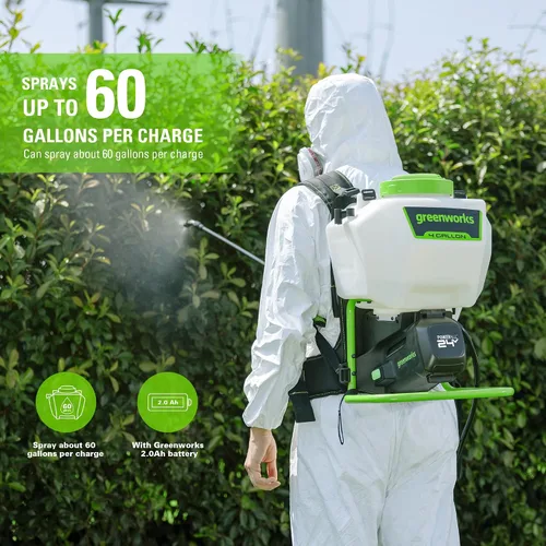 Vista 2 de Greenworks Rociador inalámbrico de mochila de 24 V (4 galones, 5 puntas, espray de 25 pies), para deshierbe, pulverización y limpieza, solo