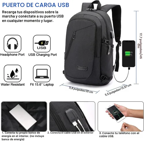 Vista 2 de WENIG - Mochila antirrobo para portátil de viaje con puerto de carga USB y cerradura, mochila de trabajo delgada y resistente al agua para hombres