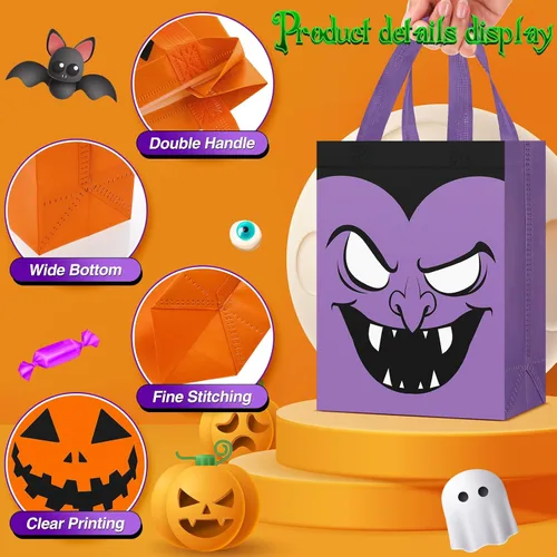 Vista 3 de Paterr 18 bolsas de dulces de Halloween, reutilizables, no tejidas, bolsas de regalo de gato, fantasma, vampiro, zombi, calabaza, con asas, a granel