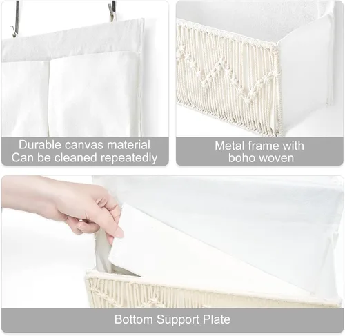 Vista 6 de Mkono Organizador de macramé sobre la puerta, decoración bohemia para colgar del cuarto de bebé, con 3 bolsillos grandes tejidos, organizador