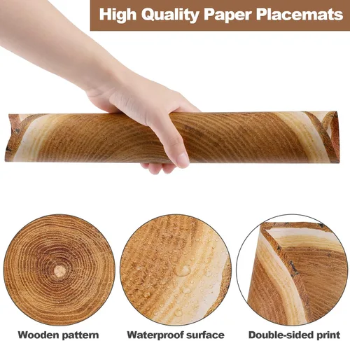 Vista 3 de durony Paquete de 60 manteles individuales de papel de madera de 13.8 pulgadas desechables de grano de madera rústica, manteles redondos