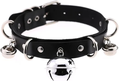 Vista 3 de FM FM42 Multicolor PU Simulated Leather Black-tone Silver-tone 4cm Large Bell Rivets Neckband Choker Necklace