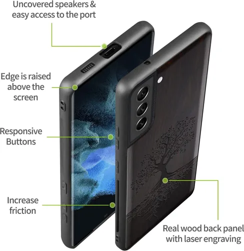 Vista 8 de Carveit Funda de madera para Galaxy S22 [madera real dura y TPU suave] a prueba de golpes, funda protectora híbrida única y elegante, diseño