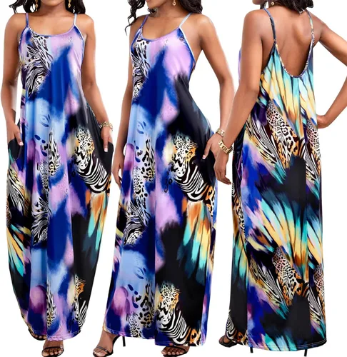 Vista 9 de ZonJie Vestido largo casual bohemio con estampado floral para mujer, holgado, cuello en V, tirantes delgados ajustables, longitud al suelo