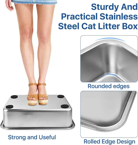 Vista 5 de Caja de arena de acero inoxidable para gatos, caja de arena grande de 16 x 12 x 4, sartén antiadherente para gatos con cuchara de arena de metal