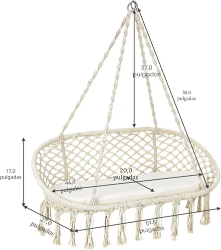 Vista 8 de Giantex Silla hamaca de 2 asientos, silla colgante de macramé con cojín, cuerdas de algodón colgantes, marco de metal, columpio